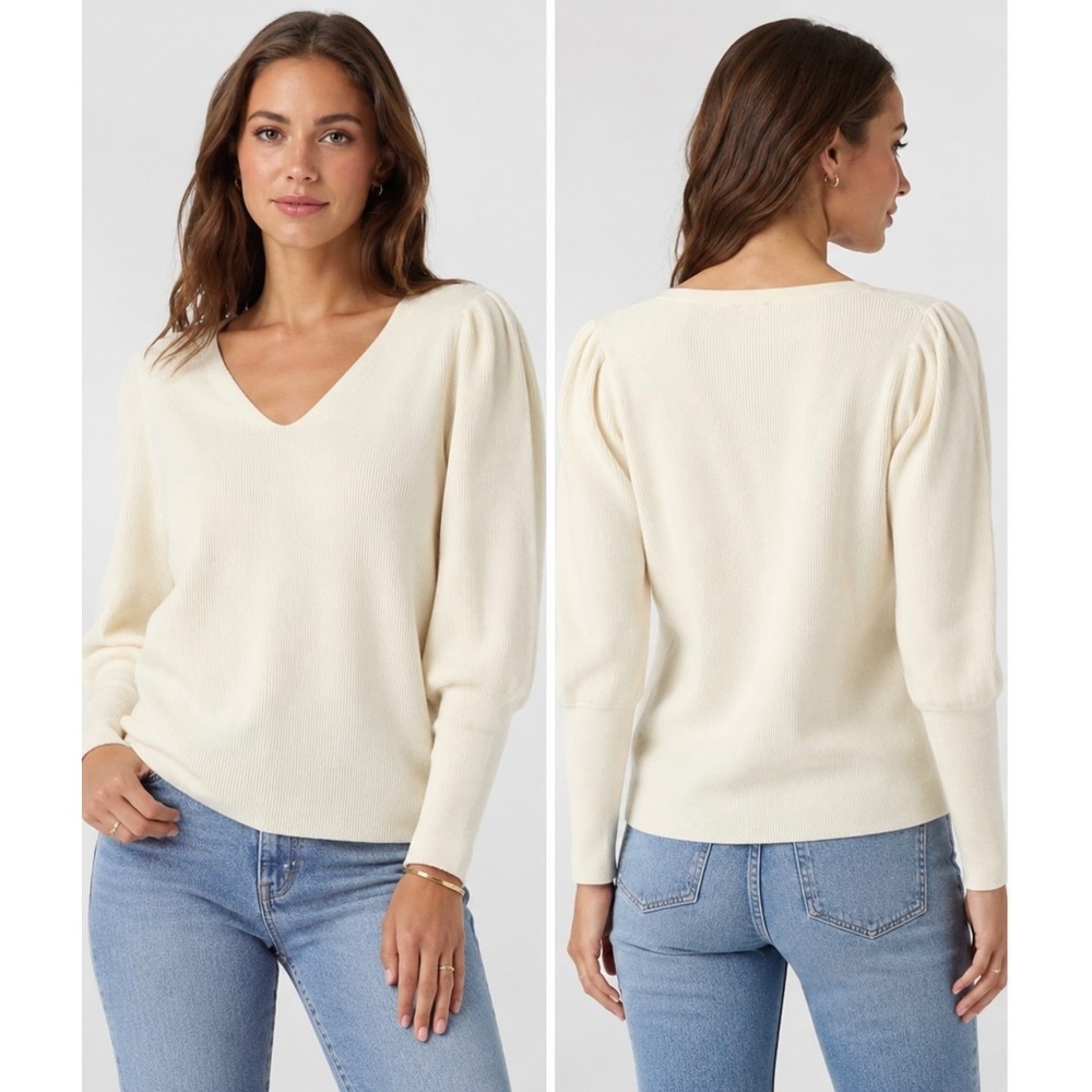 Rebecca Taylor Cream Merino Wool Ribbed V-Neck Puff Sleeve Sweater XL‎